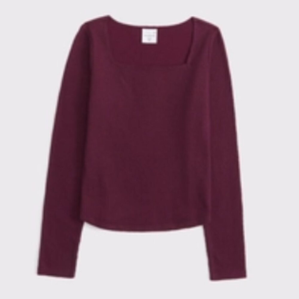 Abercrombie Kids || Girls' Long-Sleeved Lace Square Neck Tee in 'Deep Wine'